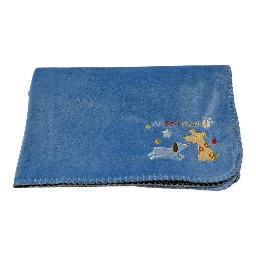 Koala Baby Blanket “My Best Friend” Blue Brown Puppy Dog Stitched Edge Minky